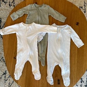 Three O2 Baby 3-6 month Footies in Blue White and Sage Green